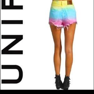 UNIF High Rise Tie Dye Rainbow Denim Jean cut offs shorts XS